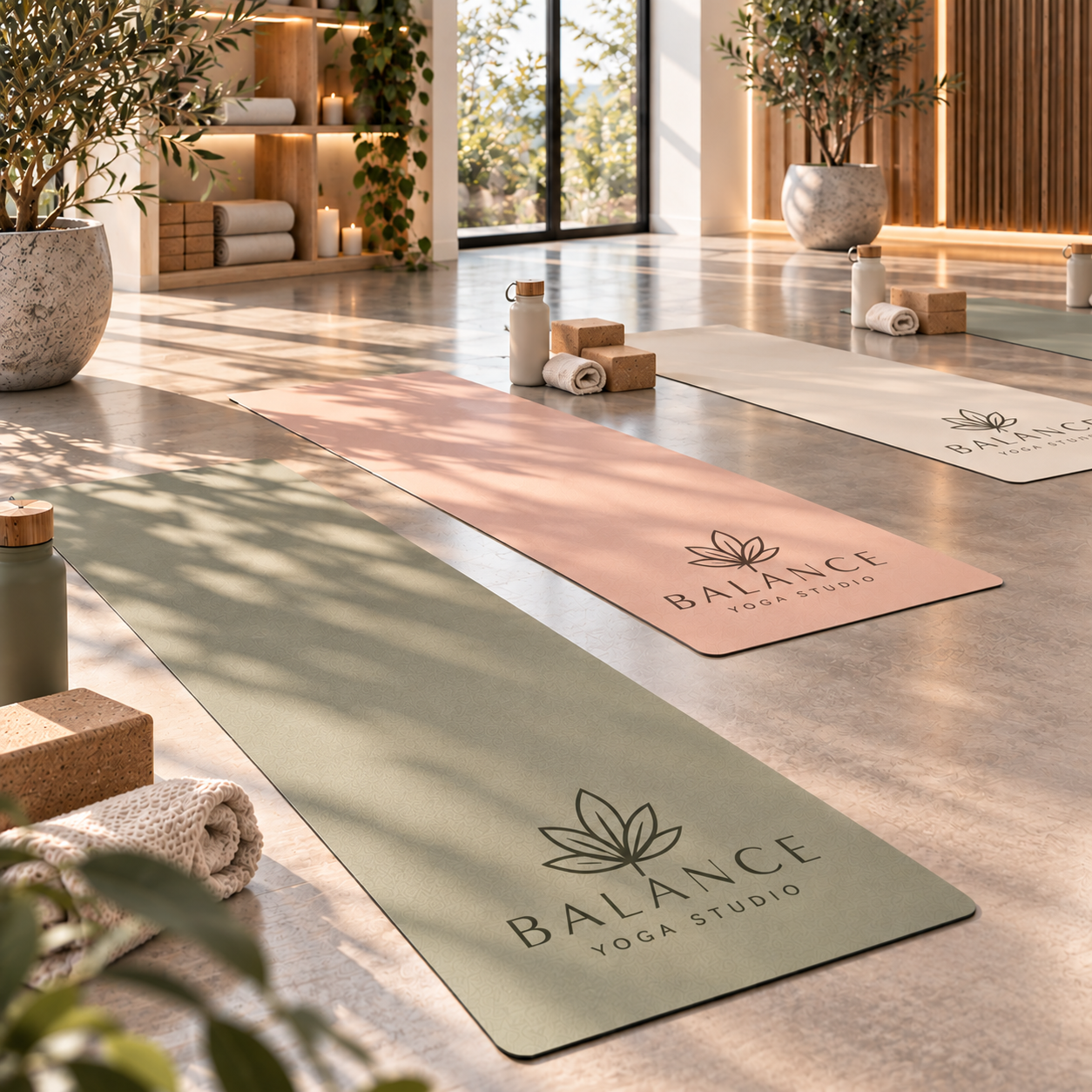 Custom branded yoga mats with studio logos in a bright yoga studio
