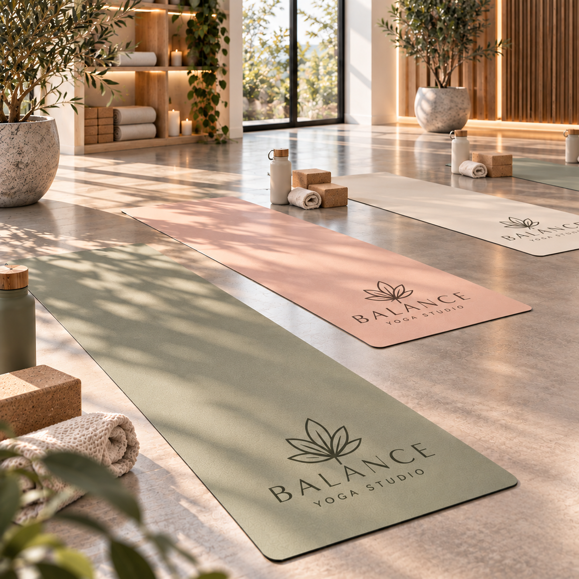 Custom branded yoga mats with studio logos in a bright yoga studio