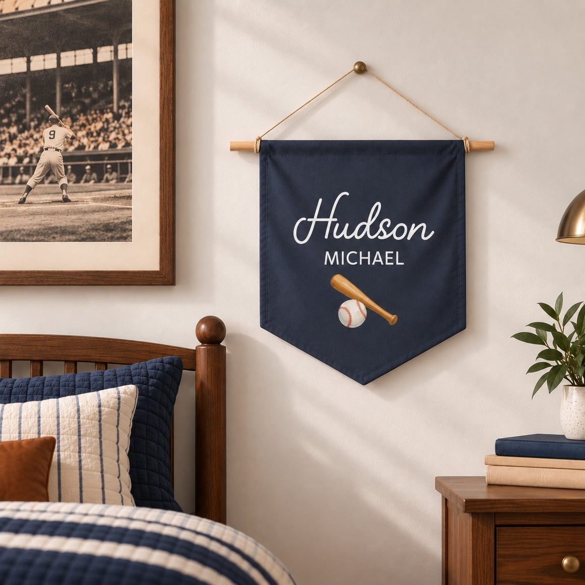 Baseball name pennant in navy with script Hudson