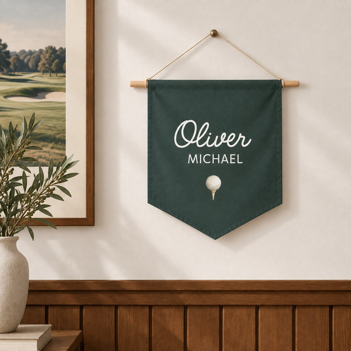Golf name pennant in green with script Oliver