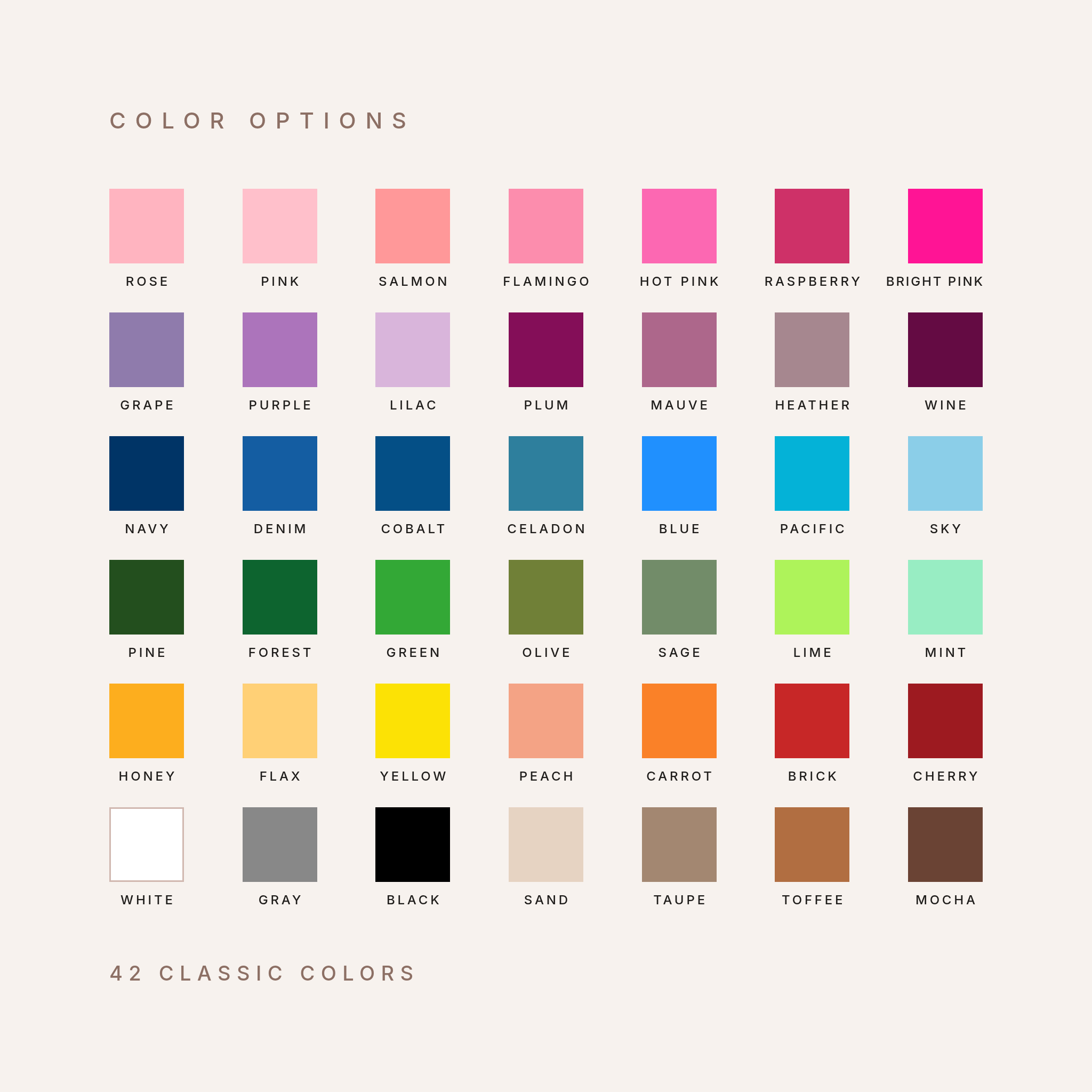 Color options for the personalized pet placemat, 42 classic colors