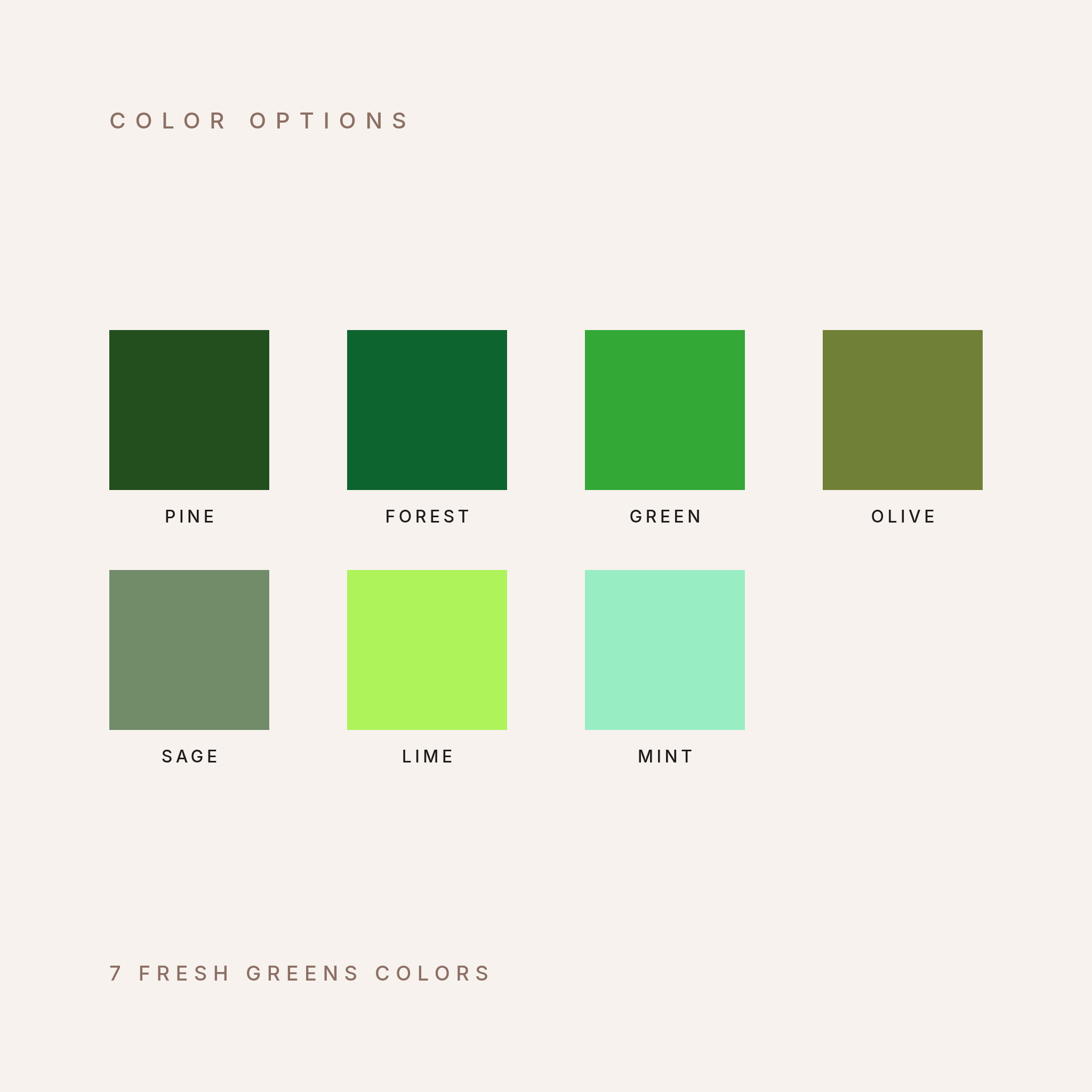 Fresh Greens color options for the personalized name blanket, 7 colors: Pine, Forest, Green, Olive, Sage, Lime and Mint