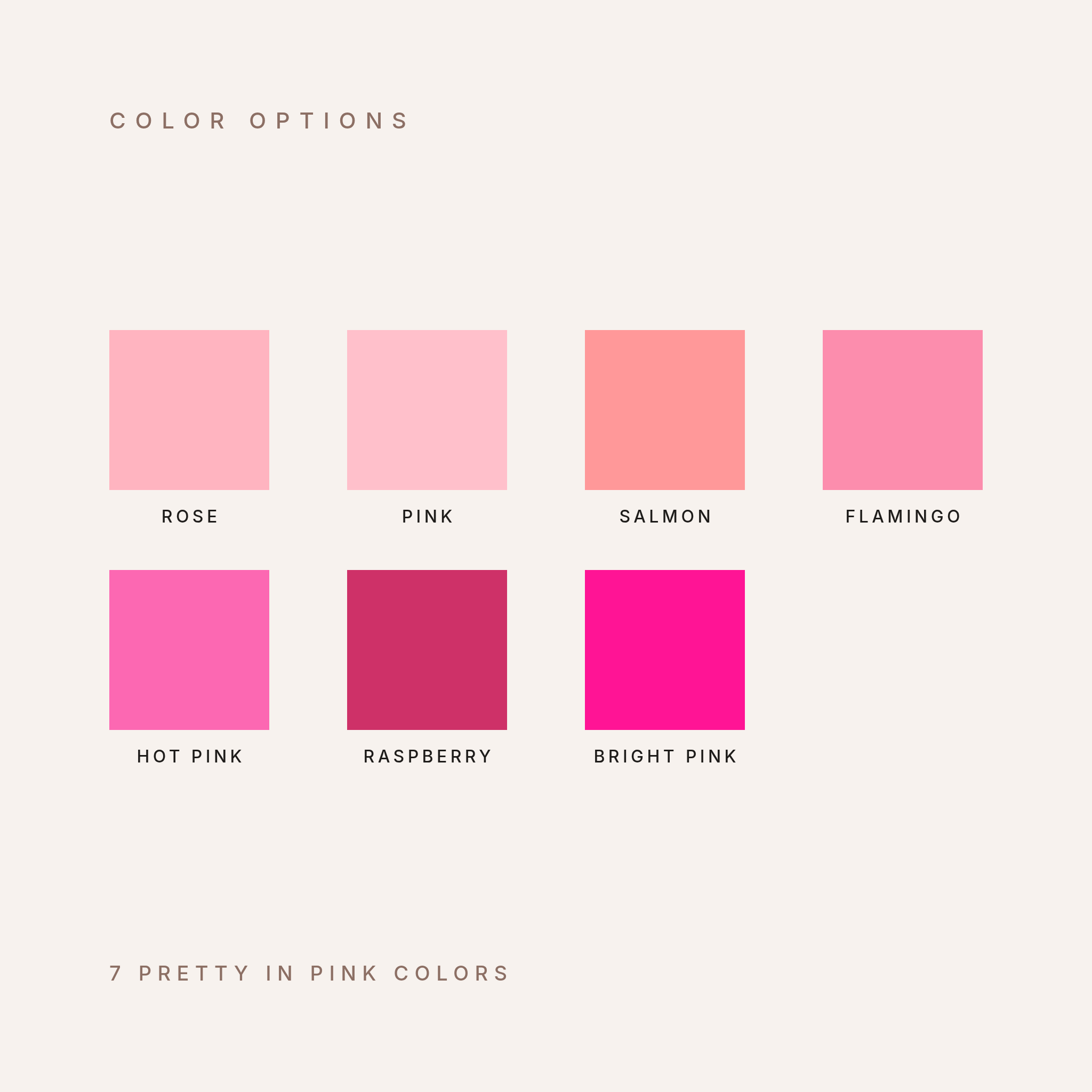 Pretty in Pink color options for the personalized name blanket, 7 colors: Rose, Pink, Salmon, Flamingo, Hot Pink, Raspberry and Bright Pink