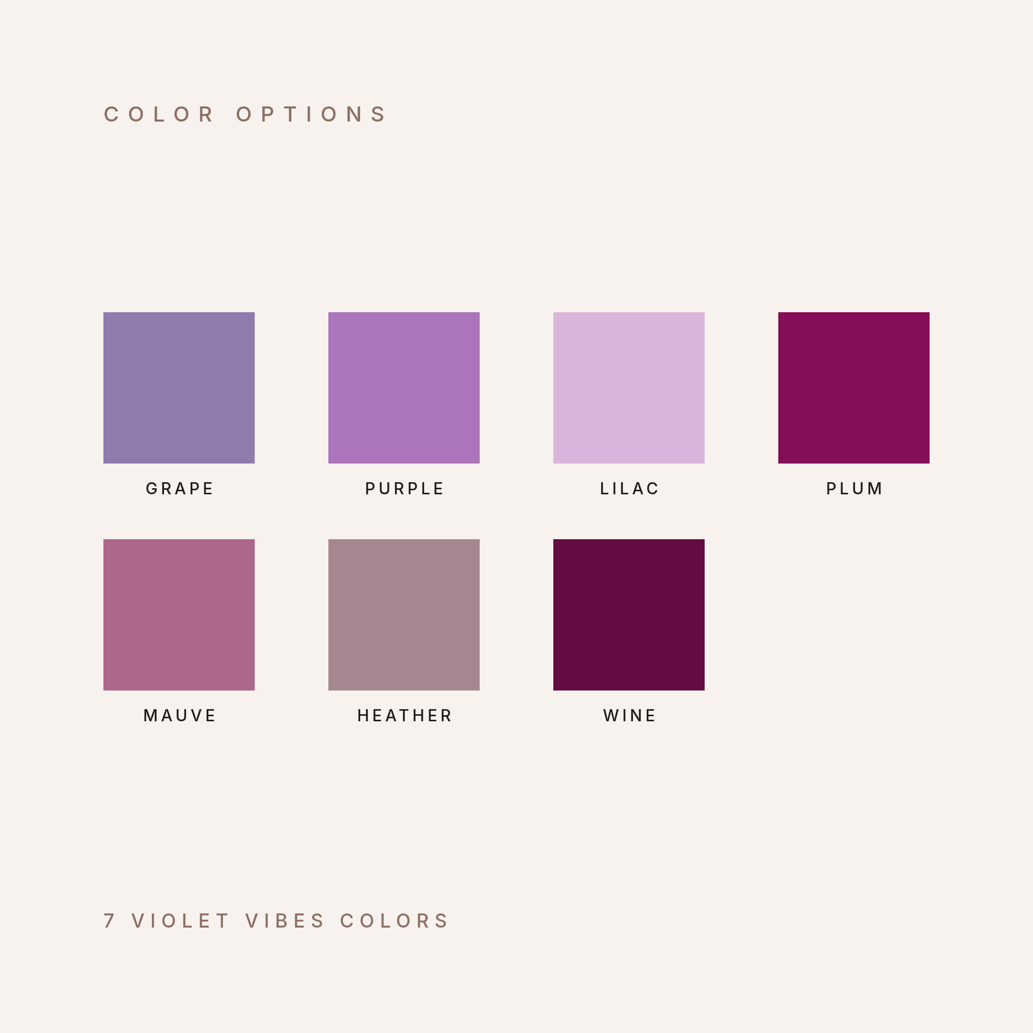 Violet Vibes color options for the personalized name blanket, 7 colors: Grape, Purple, Lilac, Plum, Mauve, Heather and Wine
