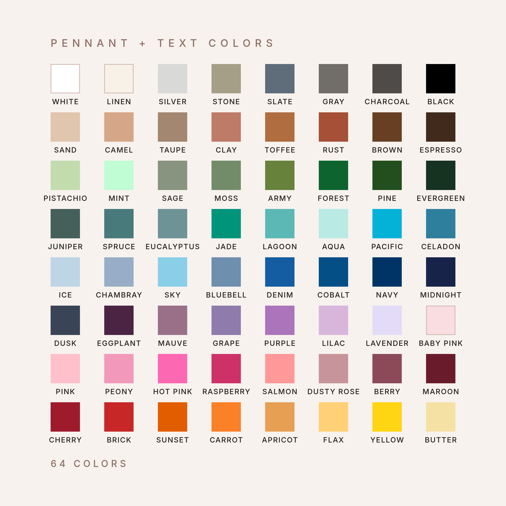 Pennant and text color chart with 64 background and text colors for the personalized name pennant