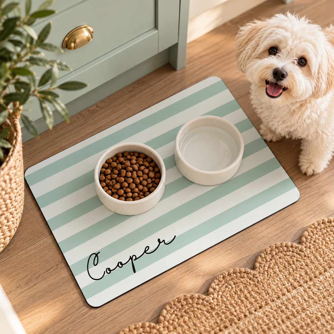 Wide stripe personalized pet food mat in Aqua with the name Cooper, fluffy white dog sitting beside food and water bowls