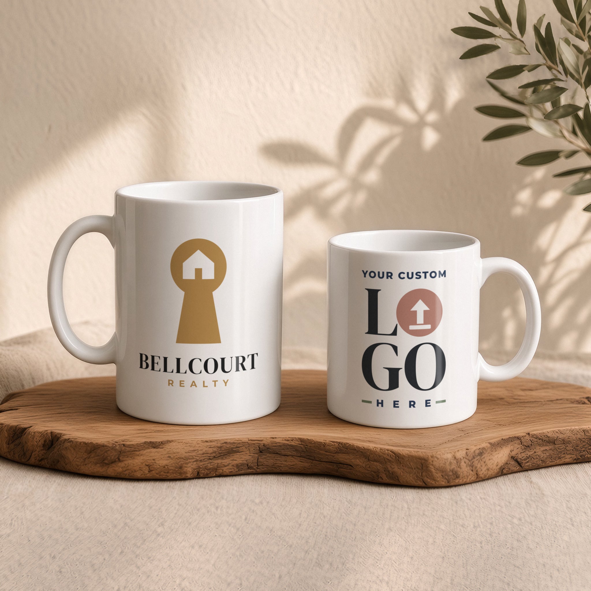 Custom branded logo mug in 15 oz and 11 oz, glossy ceramic with company logos printed on both sides