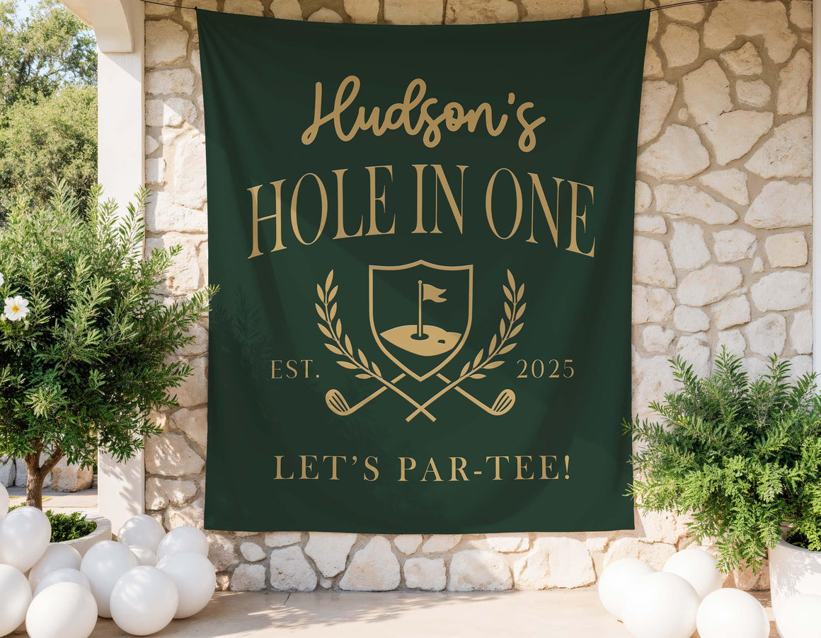 Hole in One First Birthday Banner styled for a birthday party