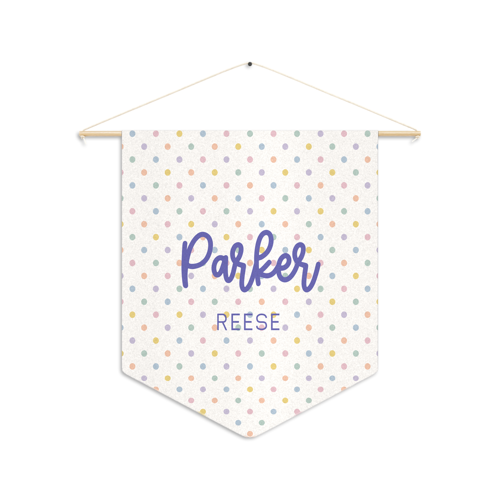 Rainbow Polka Dot Name Pennant in Violet with Parker Reese