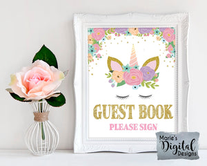 GUEST BOOK PLEASE SIGN | Floral Unicorn | Printable Birthday Table Sign | Party Decor | DIGITAL DOWNLOAD