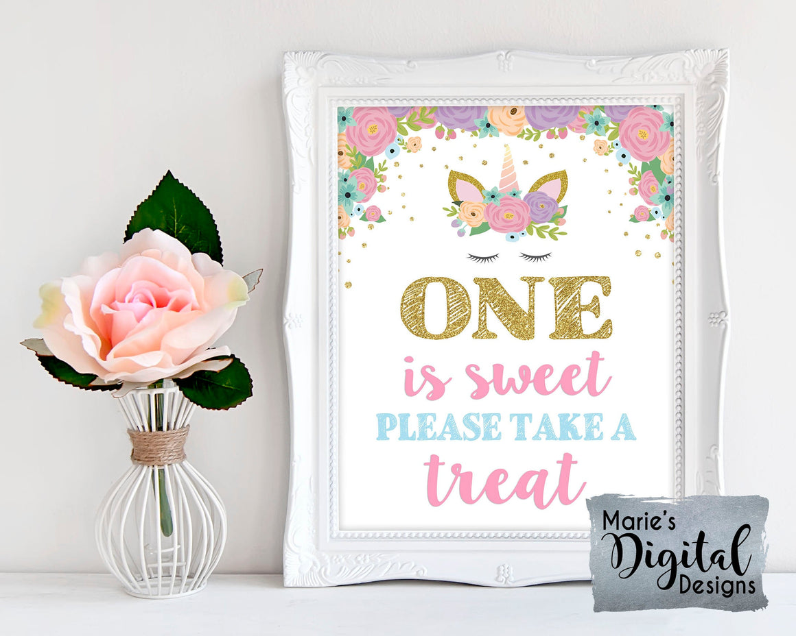ONE IS SWEET TAKE A TREAT | Floral Unicorn | Printable Birthday Table Sign | Party Decor | DIGITAL DOWNLOAD