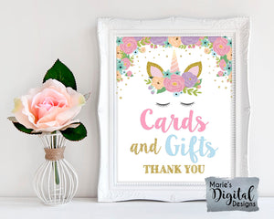 CARDS & GIFTS THANK YOU | Floral Unicorn | Printable Birthday Table Sign | Party Decor | DIGITAL DOWNLOAD