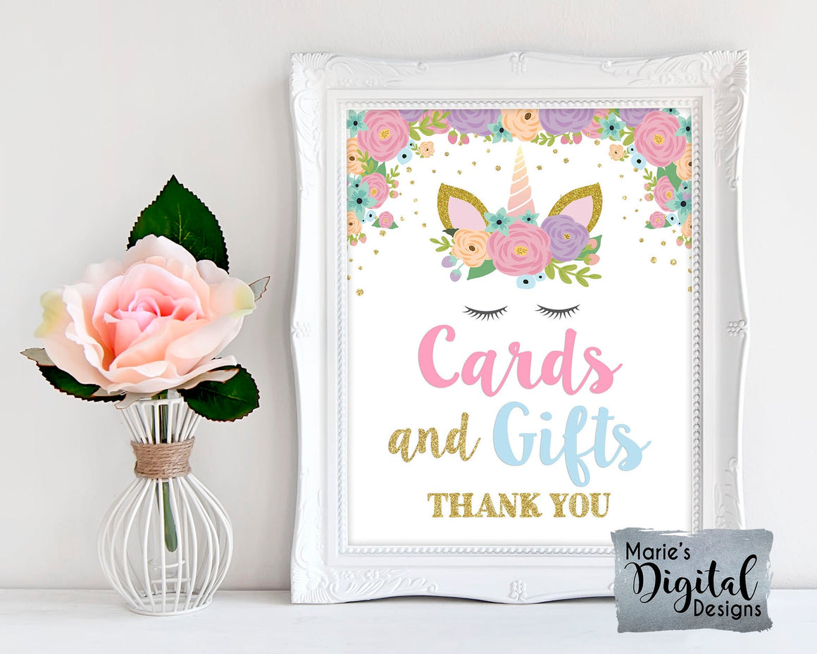 CARDS & GIFTS THANK YOU | Floral Unicorn | Printable Birthday Table Sign | Party Decor | DIGITAL DOWNLOAD