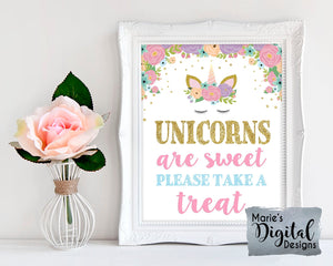 UNICORNS ARE SWEET PLEASE TAKE A TREAT | Floral Unicorn | Printable Birthday Table Sign | Party Decor | DIGITAL DOWNLOAD