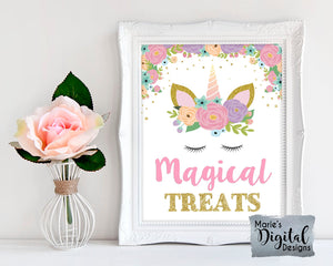 MAGICAL TREATS | Floral Unicorn | Printable Birthday Table Sign | Party Decor | DIGITAL DOWNLOAD
