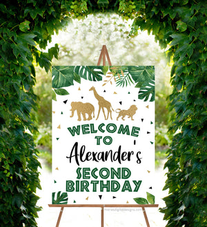 EDITABLE Printable Jungle Birthday Welcome Sign | INSTANT DOWNLOAD | Corjl Template | Tropical Jungle Safari Animal | Boy Party Green Gold