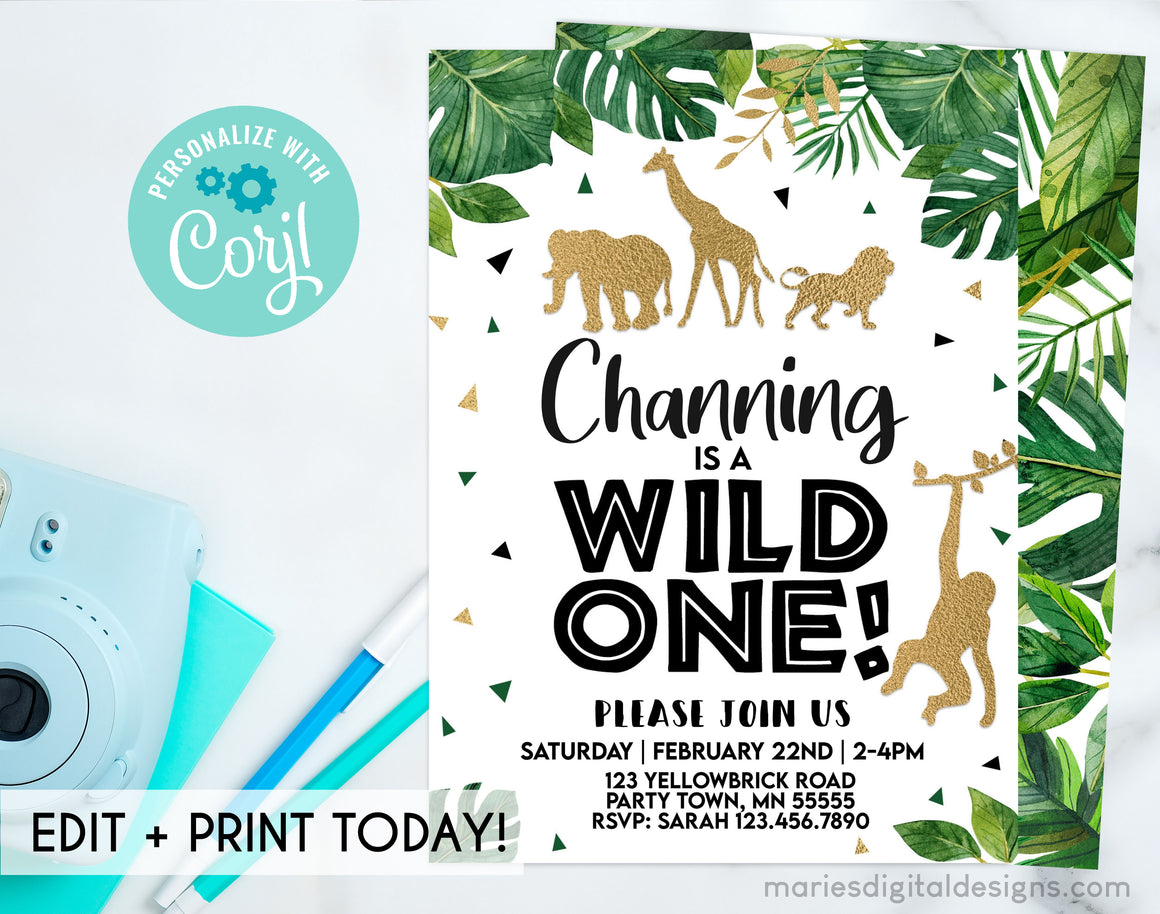 EDITABLE Printable Wild One 1st Birthday Invitation | INSTANT DOWNLOAD | Corjl Template | Tropical Jungle Safari Animal | Boy Party Green Gold
