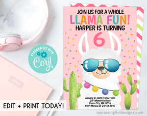 EDITABLE Printable Whole Llama Fun Birthday Invitation | INSTANT DOWNLOAD | Corjl Template | Confetti Cactus Fiesta | Girl Party Pink