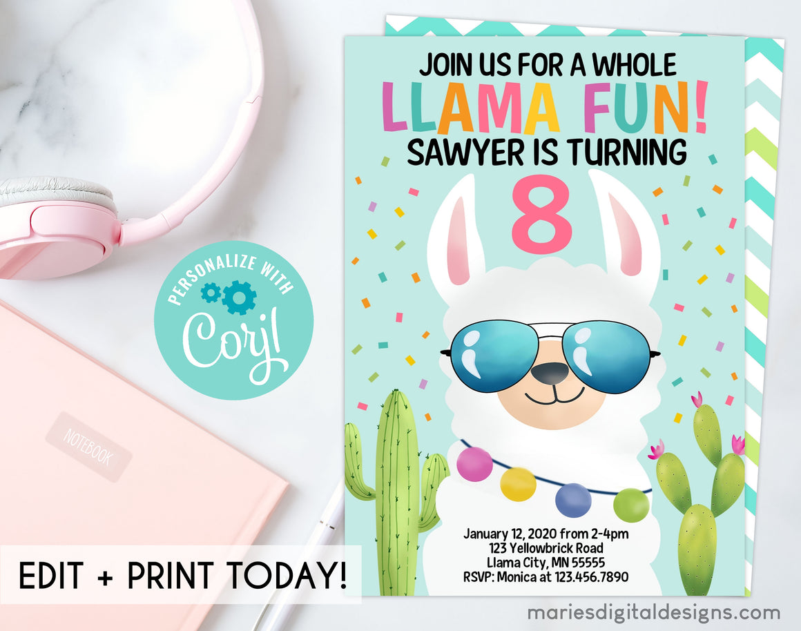 EDITABLE Printable Whole Llama Fun Birthday Invitation | INSTANT DOWNLOAD | Corjl Template | Confetti Cactus Fiesta | Mint Teal Party