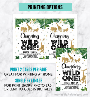 EDITABLE Printable Wild One 1st Birthday Invitation | INSTANT DOWNLOAD | Corjl Template | Tropical Jungle Safari Animal | Boy Party Green Gold