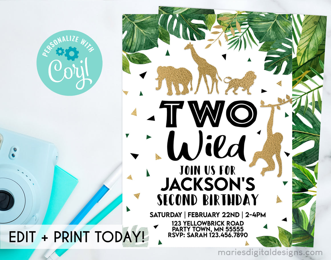 EDITABLE Printable Two Wild 2nd Birthday Invitation | INSTANT DOWNLOAD | Corjl Template | Tropical Jungle Safari Animal | Boy Party Green Gold