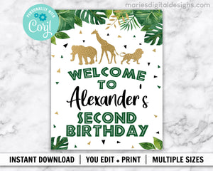 EDITABLE Printable Jungle Birthday Welcome Sign | INSTANT DOWNLOAD | Corjl Template | Tropical Jungle Safari Animal | Boy Party Green Gold